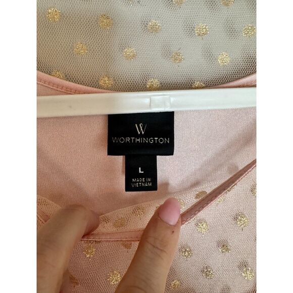 Pink Gold Polka Dot Sheer Bell Sleeve Romantic Fairy Fairycore top L - Picture 4 of 7